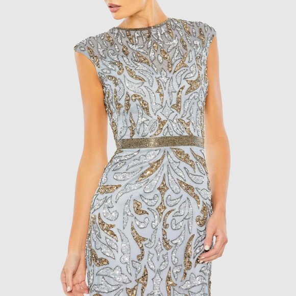 Mac Duggal 5532 Size 8 Blue Gold Beaded Sequined Column Gown Long Maxi Dress - Picture 4 of 6